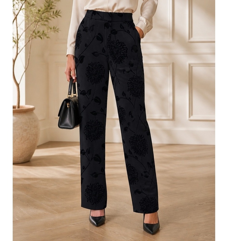 Willi Smith Women Black Flocked Floral Velvet Dress Pants Straight Leg Size 6